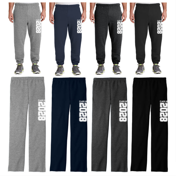 Class of 2028 Sweatpants - 2 STYLE AND 4 COLOR CHOICES - CINCHED AND OPEN BOTTOM