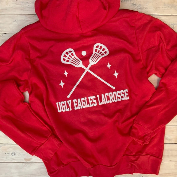 Ugly Eagles Lacrosse & LAX Sticks on left chest and back Full Zip Sweatshirt - Choose your color