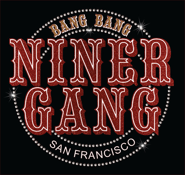 "Bang Bang Niner Gang" Rhinestone Women’s Relaxed Jersey Short Sleeve V-Neck Tee - 2 Color Choices