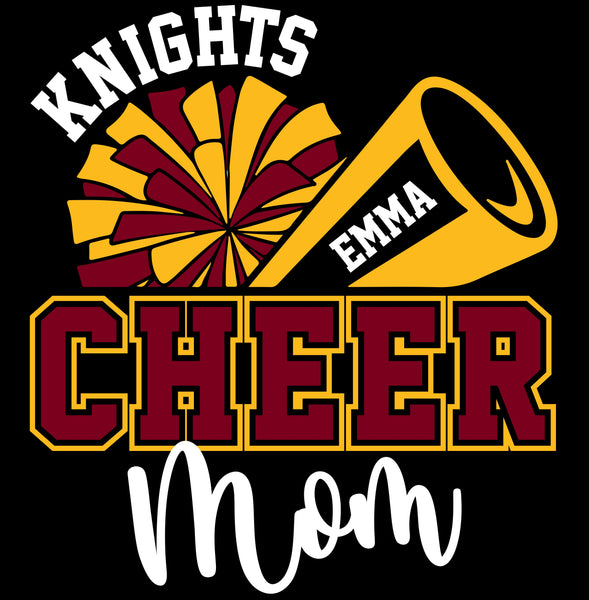 Knights Cheer Mom Personalized w/ Pom Pom / Megaphone - Black - Glitter or Regular Vinyl - 7 Shirt Style Choices