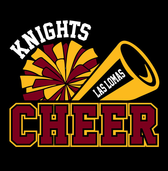 Knights Cheer w/ Pom Pom / Megaphone - Black - Glitter or Regular Vinyl - 7 Shirt Style Choices
