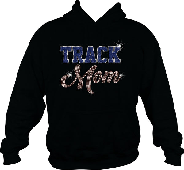 Black Hoodie or Crewneck Sweatshirt w/ Royal Blue Glitter Track and Rhinestone Mom