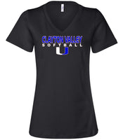 Clayton Valley Softball U Black Women's Relaxed Vneck Short Sleeve Jersey Tee - 2 Logo Options